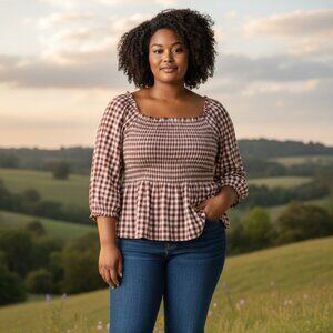 St. John's Bay Women's Red Gingham Smocked Long Sleeve, Peplum Blouse, Plus 3x